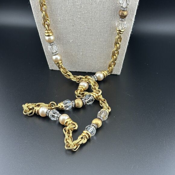 Heavy Vintage Gold Plated Chain Necklace Faux Pearl Crystal Beads Rhinestone 22" - Picture 6 of 11